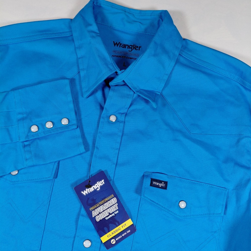Wrangler Advanced Comfort Cowboy Cut Pearl Snap Shirt Blue Mens Large
